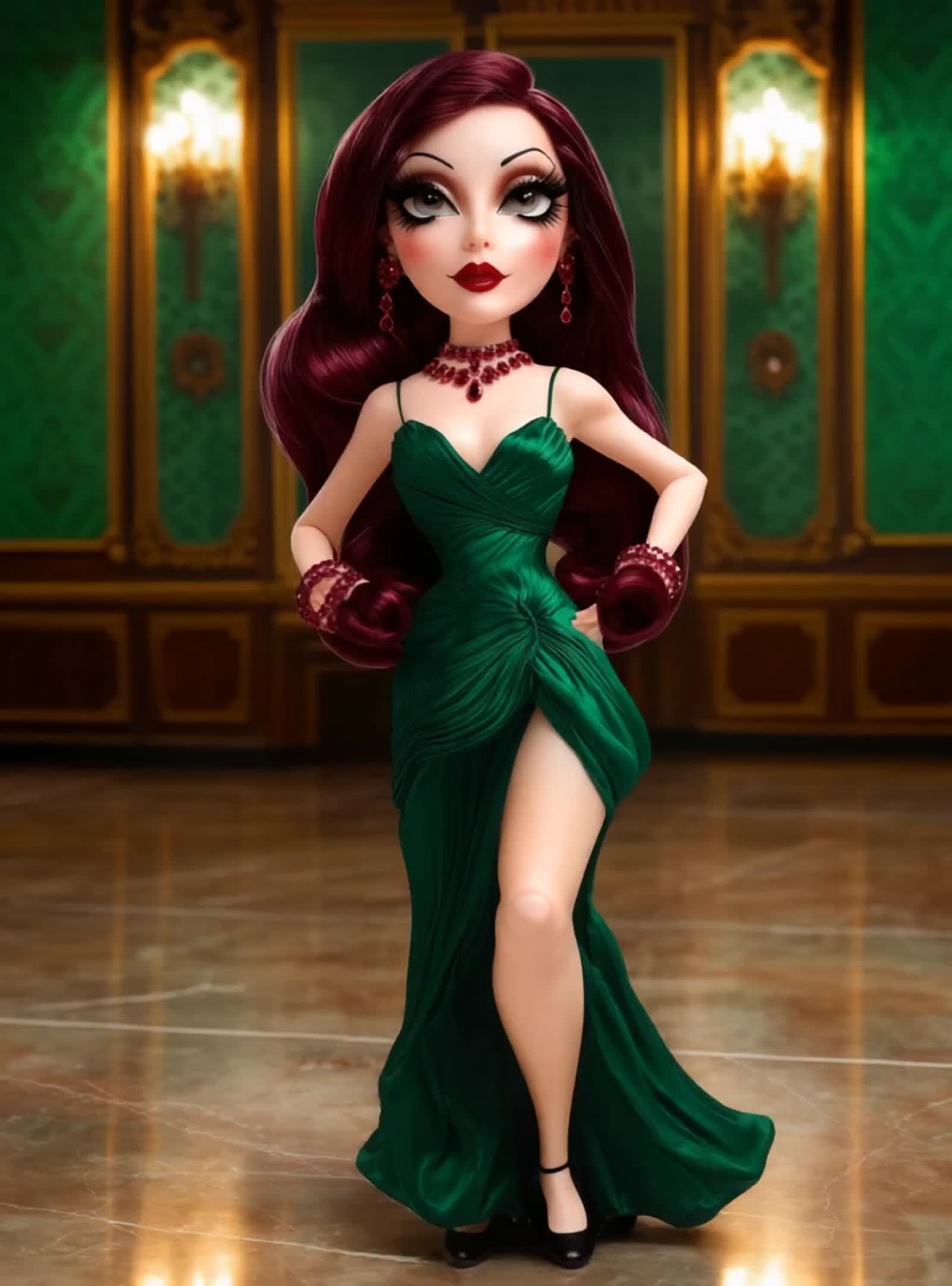 a womans beautiful face and long waving ree flowing maroon hair, with detailed fancy eye makeup, long lashes, one eye wi...