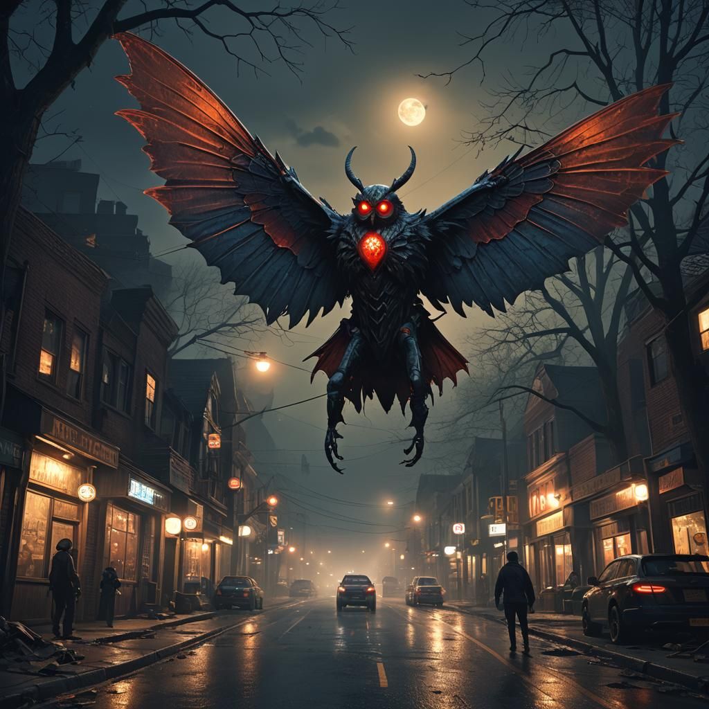 John Keel, Mothman. At night. 3d. Realistic