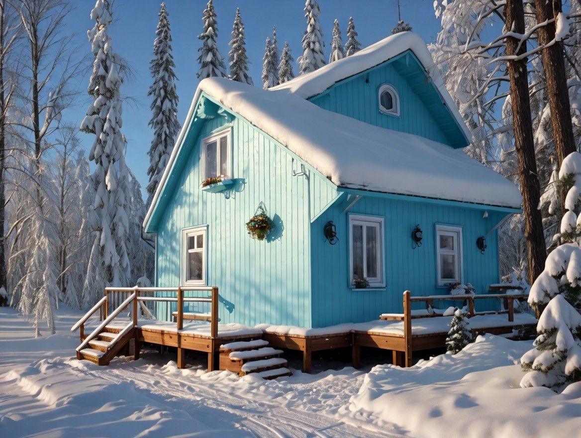 Cozy Winter Scene with a Blue House