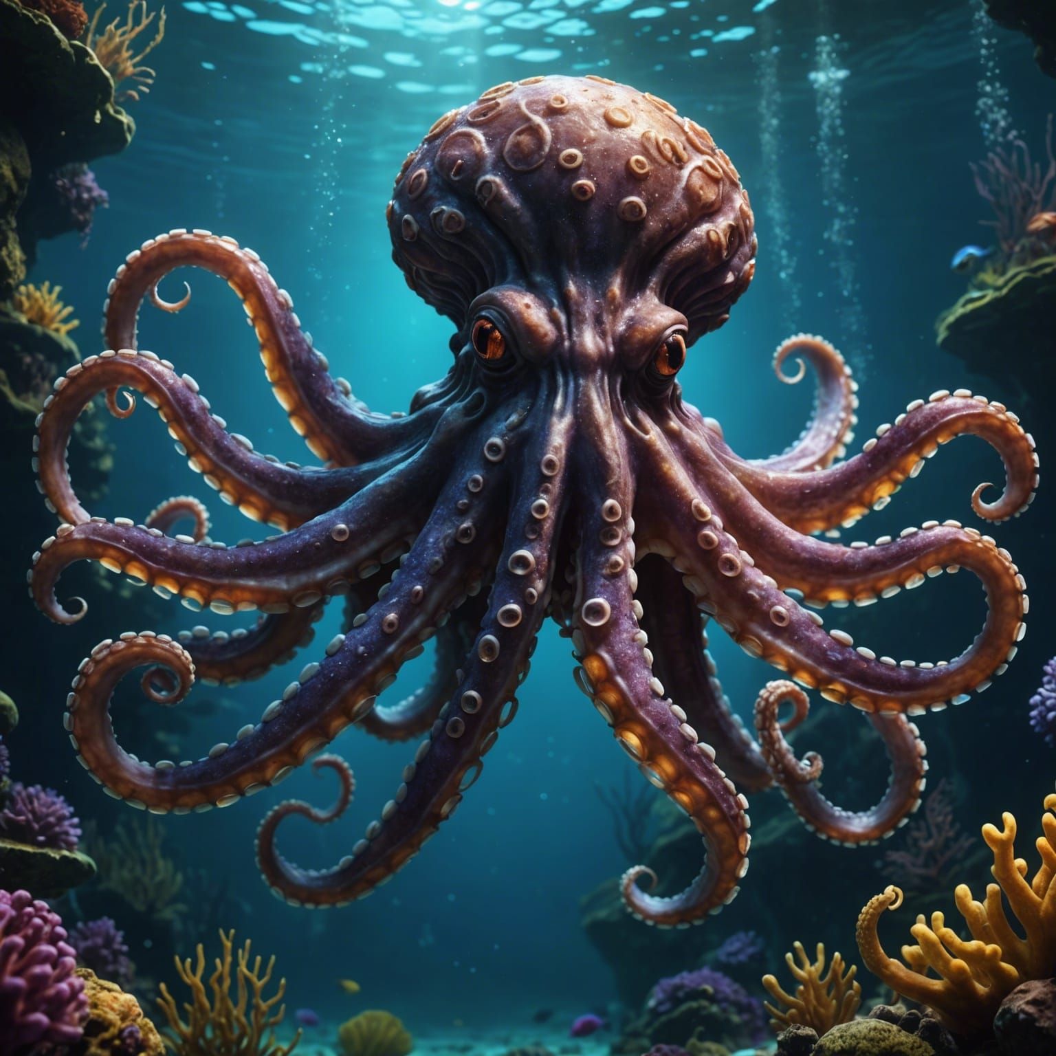 Underwater octopus detailed illuminated