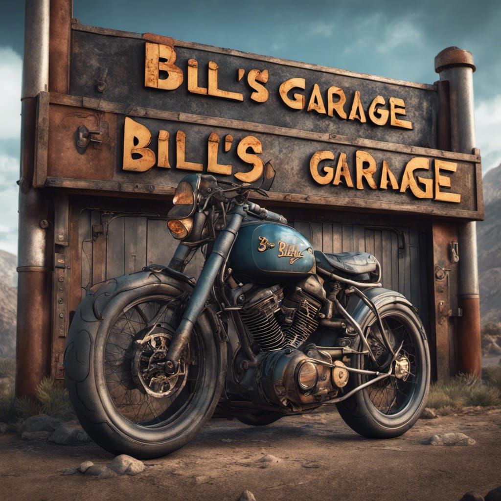 Heritage font sign saying “bill’s garage” motorcycle theme