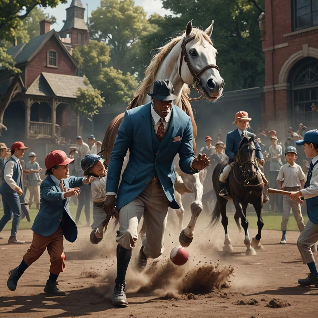 Horse in a suit playing baseball with children