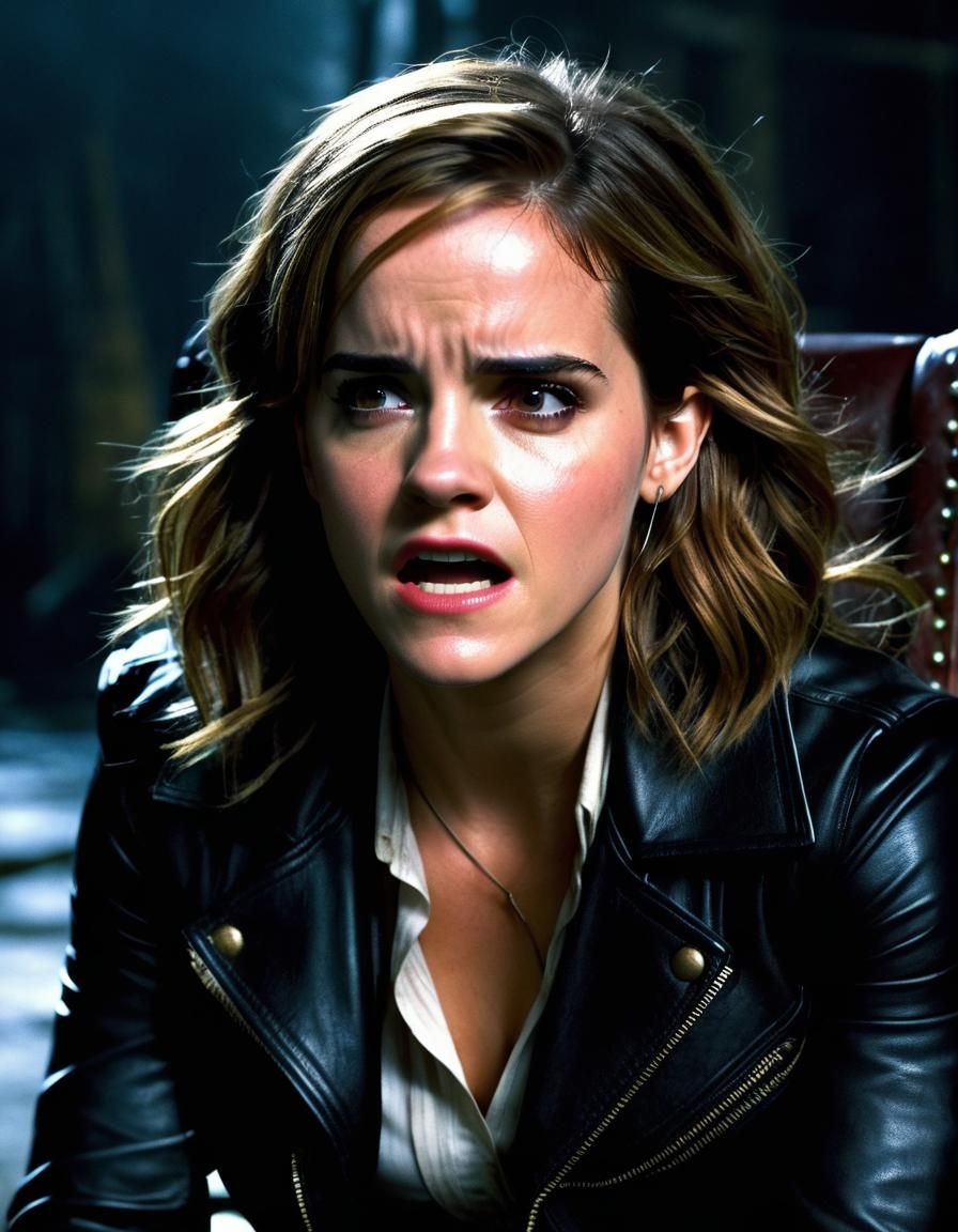 Perfect photo of Emma Watson, look really worried, leather jacket - AI ...