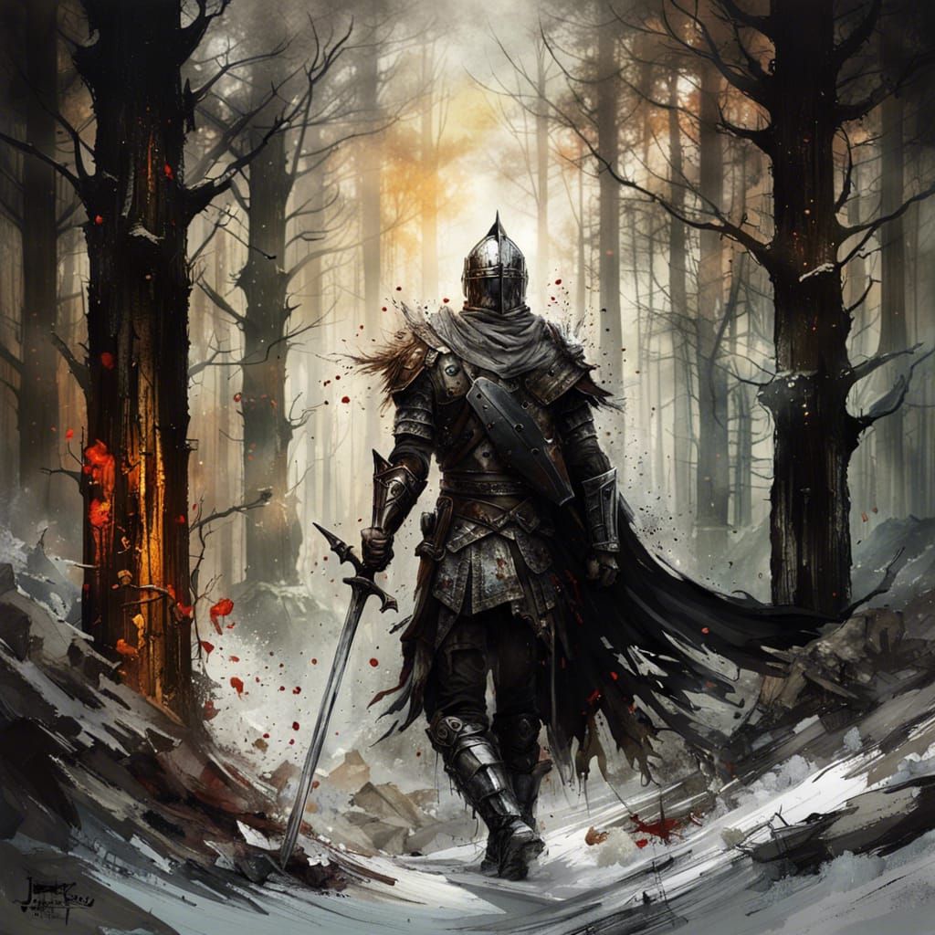 Gothic Knight Battle in Dark Fantasy Forest