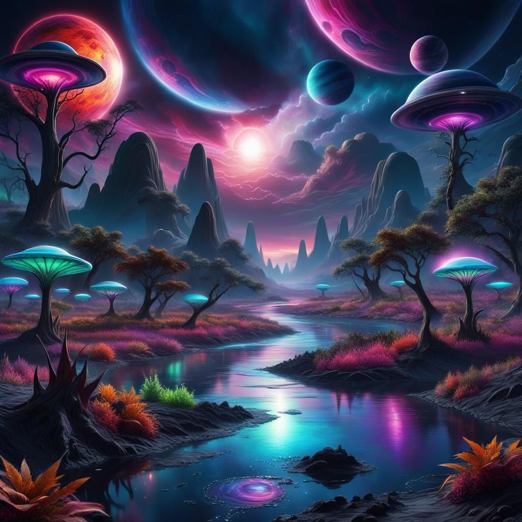 alien world full of psychedelic lit up colors, exotic alien ...