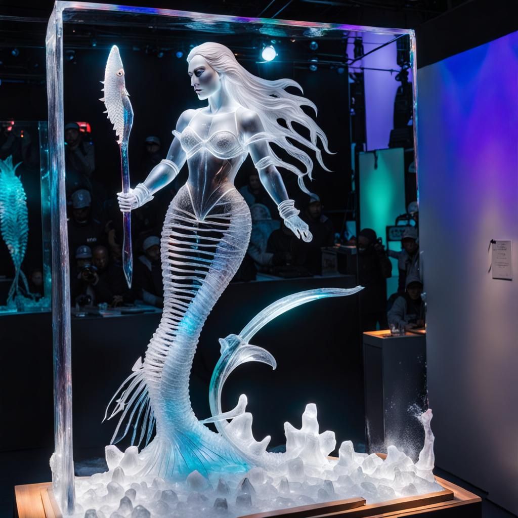 Ice sculpture of a mermaid on display.