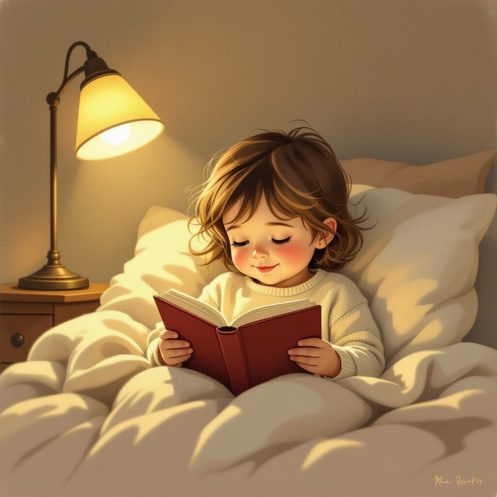 Child Reading Under Blanket, Cozy Lamp Glow, Whimsical Illus...