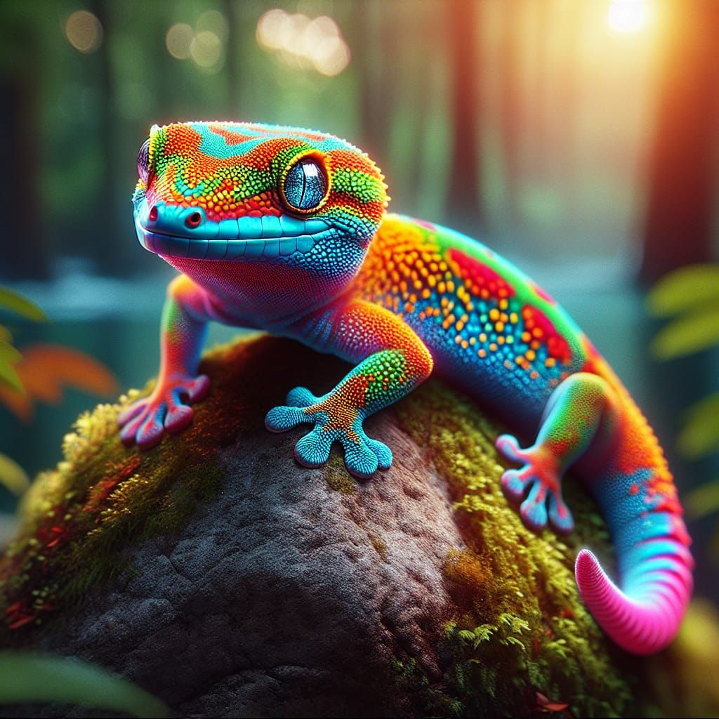 brightly colored gecko sitting on a rock in a tropical setting, hyper detailed digital art, highly detailed ...  by @ByToi
