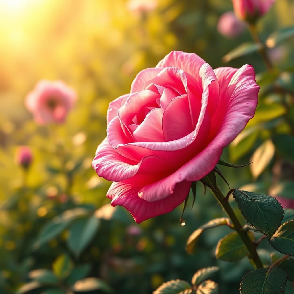 Pink rose in the garden with glistening dewdrops,  16k resolution, perfect composition