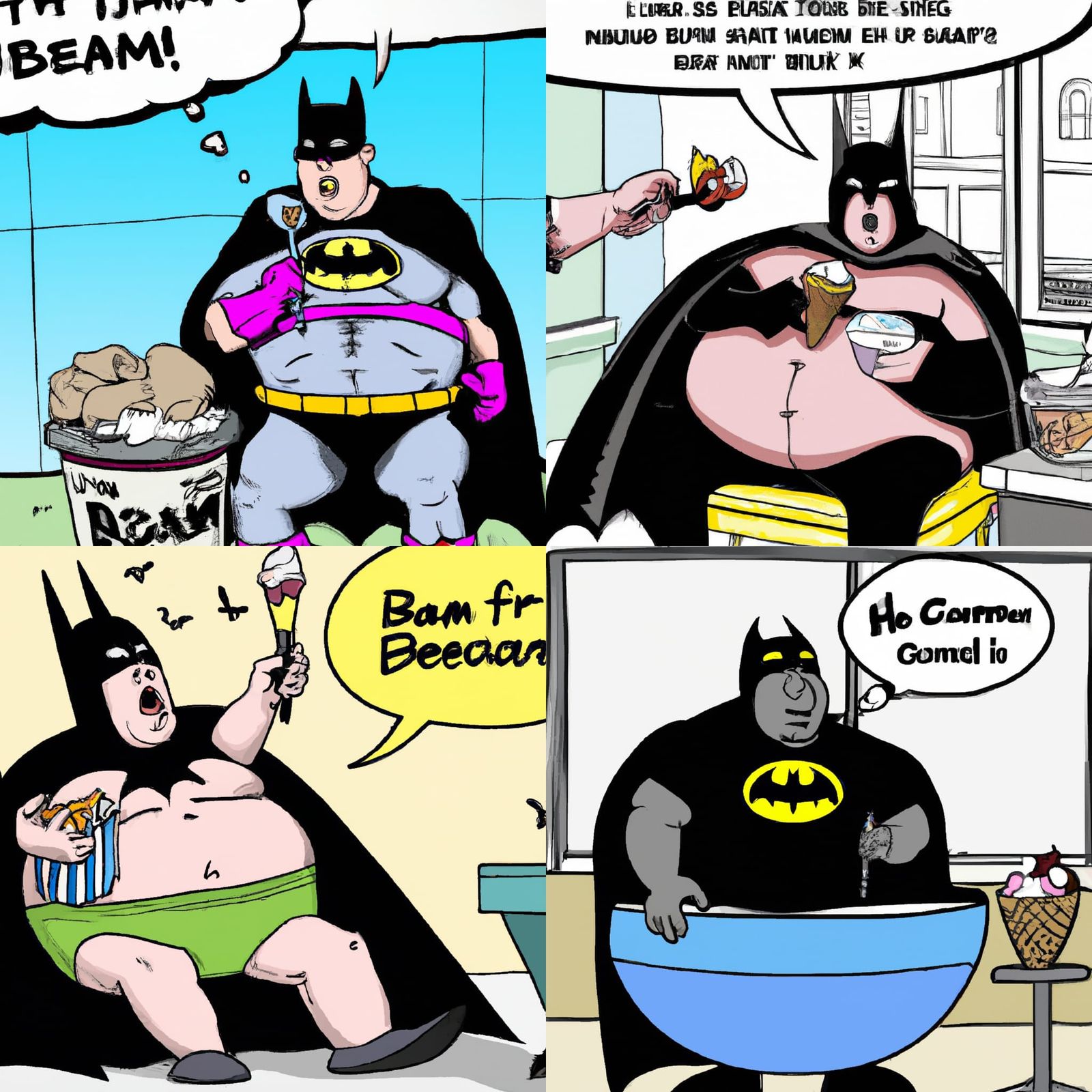 Obese Batman eating a tub of ice cream