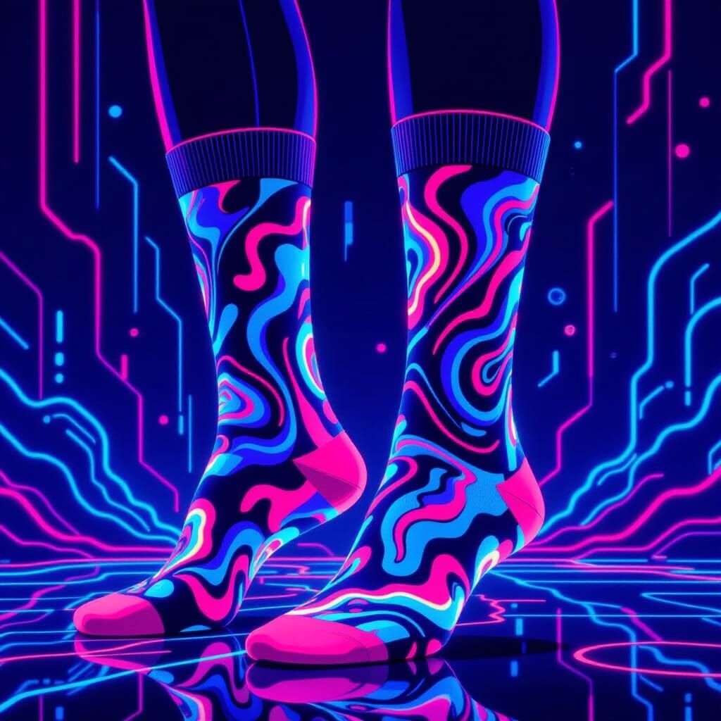 Abstract shapes and swirls in 80's neon textures on a pair of socks  by @GraveyardsAndTakeout