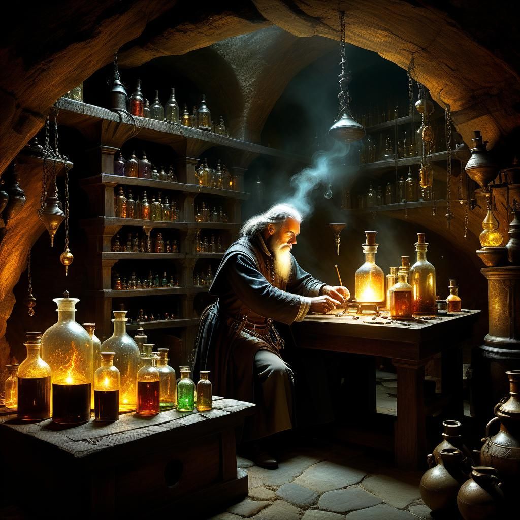 Imaginative depiction of an alchemist at work in a hidden me...