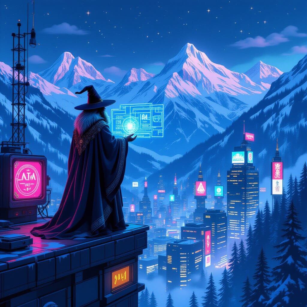 A 1960s-style retrofuturistic hippie wizard works in his atelier on the top level of a skyscraper overlooking a great Canadian forest ...