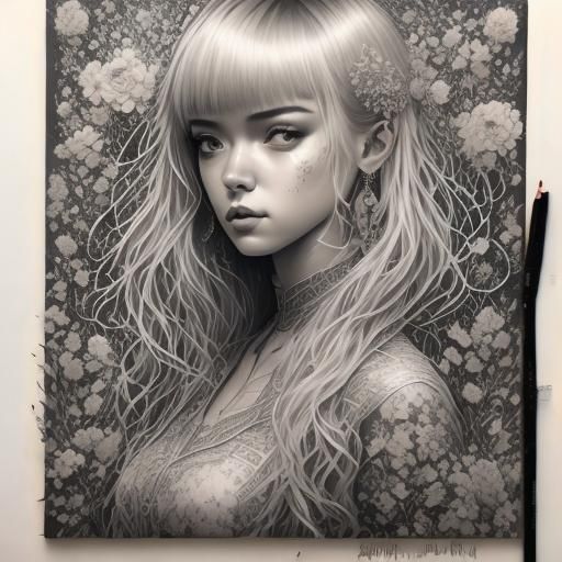<lora:Heug-Yeon Migseu RPG:1.0>, A highly detailed graphite portrait of a girl with short blonde hair and bangs. Her long hair cascades down...