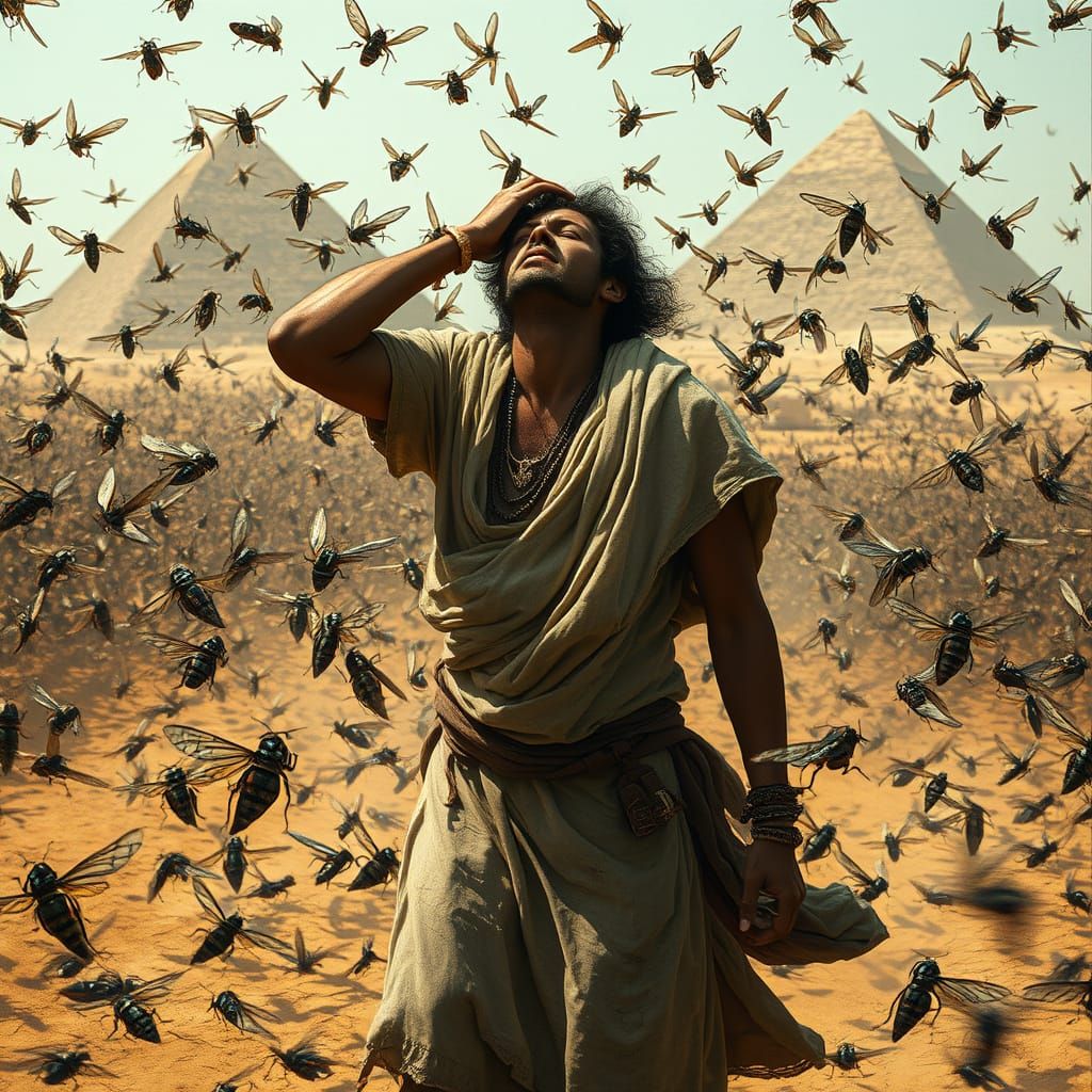 Egyptian Man Overwhelmed by Iridescent Locust Swarm in Deser...