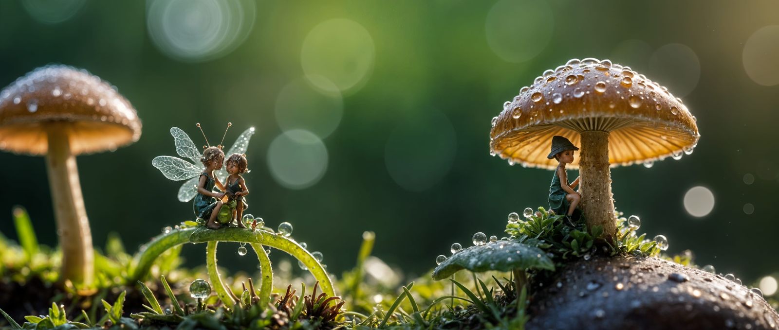 Macro photography of a tiny fairy sitting on a mushroom. Dew...