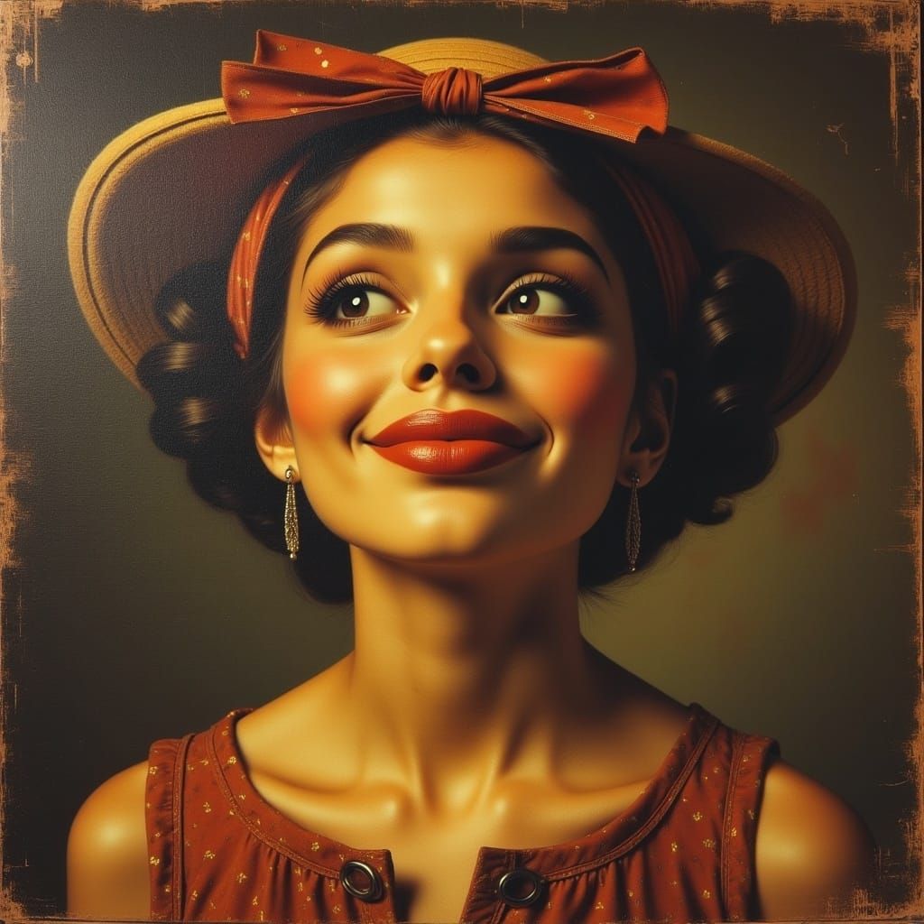 <lora:RetroPolaroid:1.0> professional realistic portrait painting depicting a cute and mischievous woman making a silly face and crossing he...