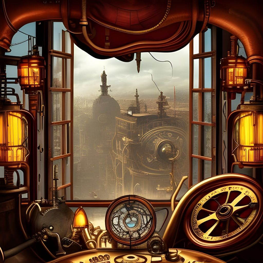 view of a steampunk city on a hot day  by @forge4ward