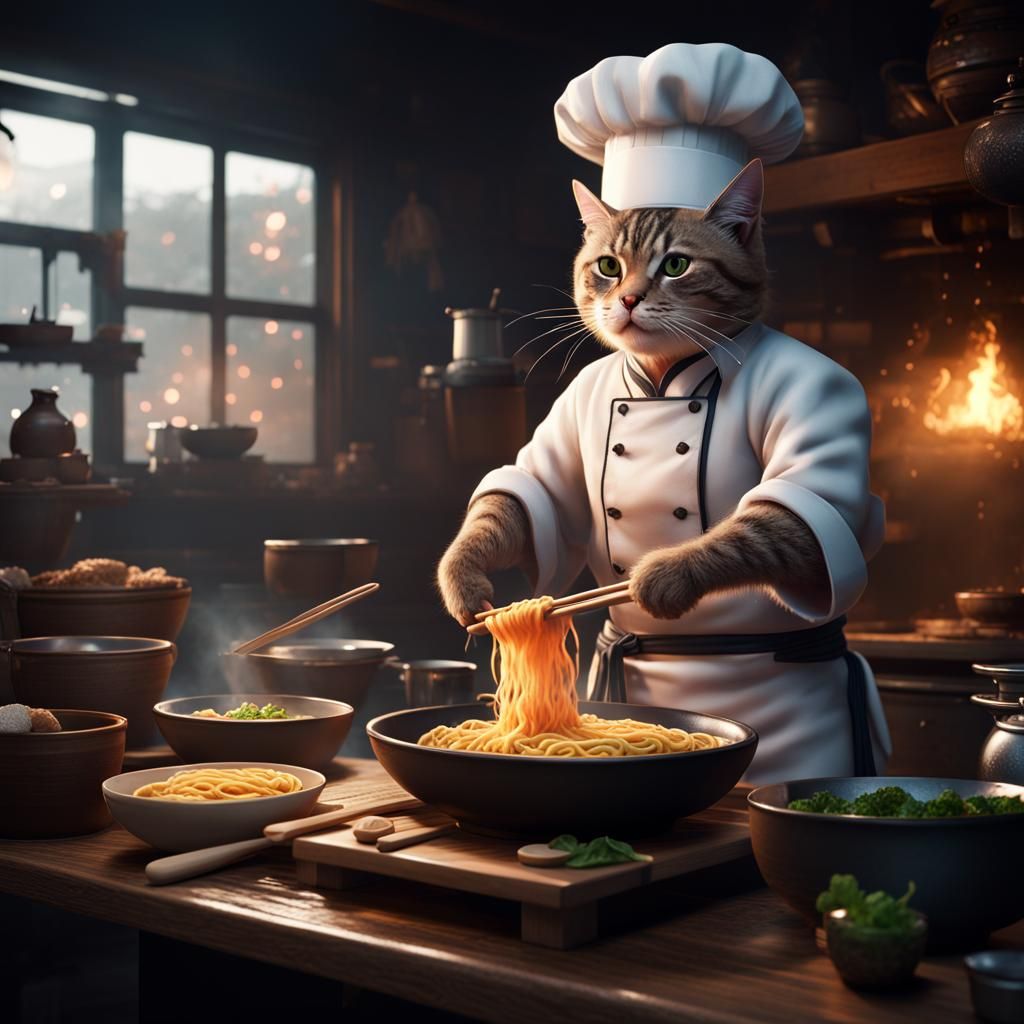 A cat chef preparing tonkatsu ramen in a dark restaurant