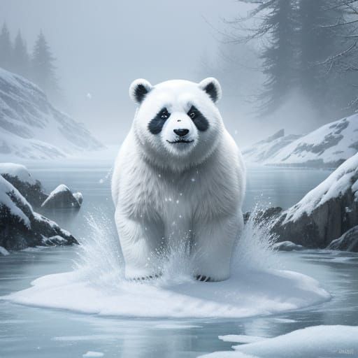 White Panda Bear Walking in Snowy Landscape