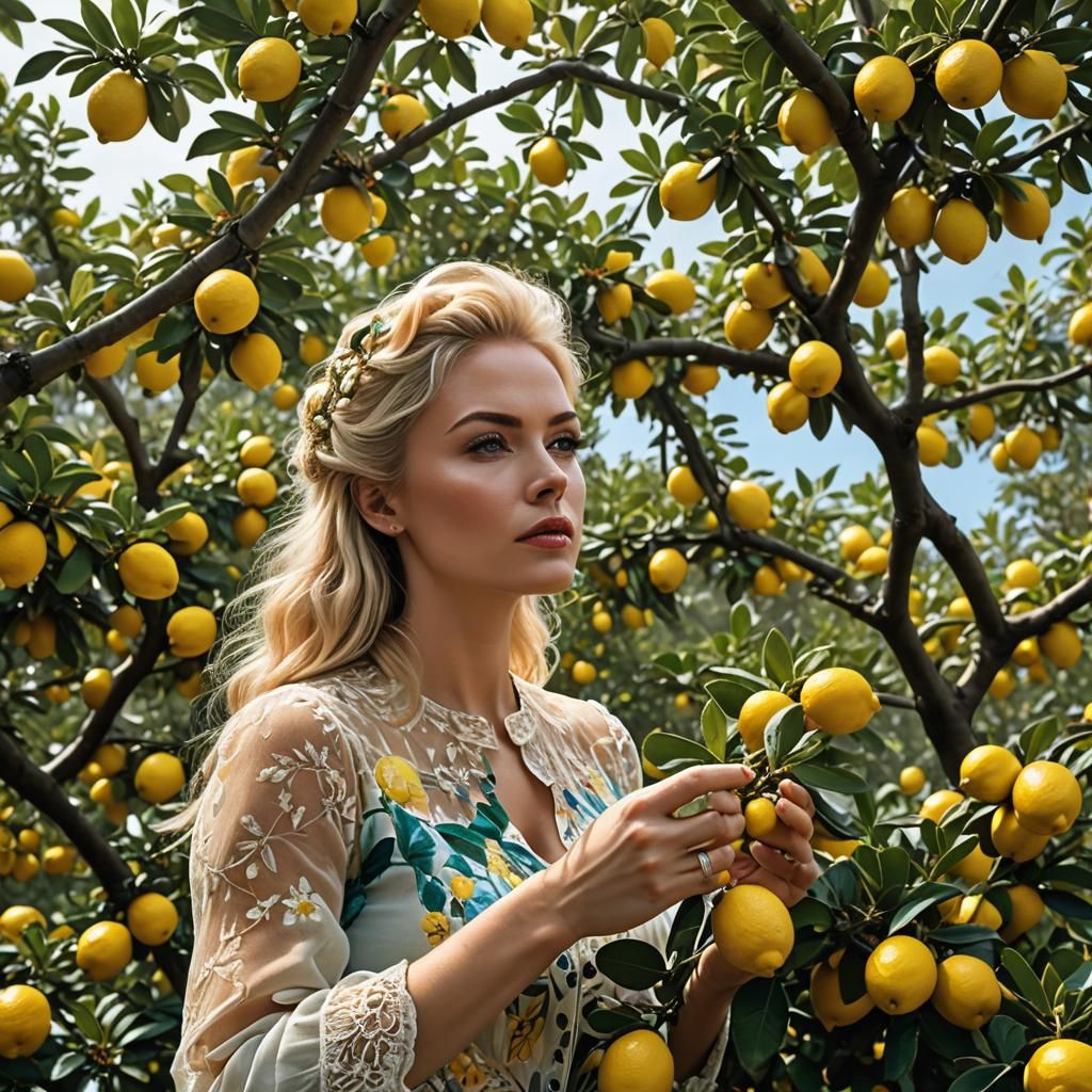 Blonde Lady Picking Lemons in Hyperrealistic Style