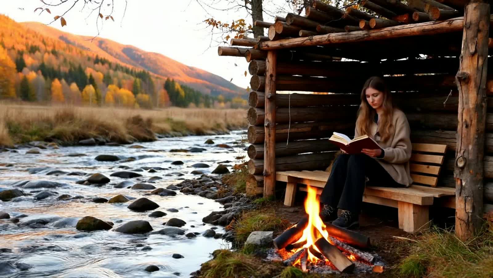 Rustic cabin. Fall evening. Cozy by a fire. Reading a book. Beautiful blue eyes, brown hair woman. Music. Nature. River ...