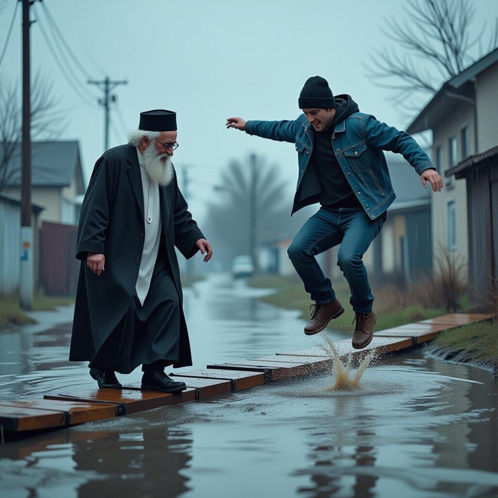 Old Rabbi Knocked into Puddle in Flooded Street