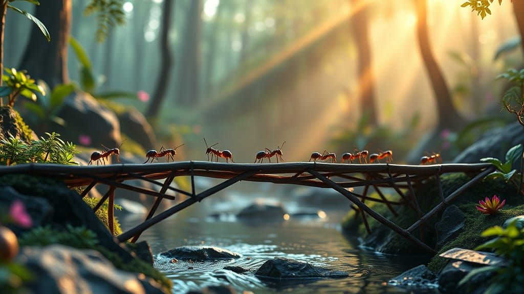 Hyperrealistic close up of glowing ants crossing a detailed and geometrical trestle bridge made of little ...