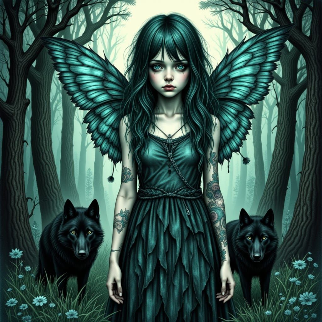 <lora:MrsH-TealMelancholia:1.0> A beautiful tattooed fairy with teal wavy hair and wings made of stained glass stands in a hidden grove. Her...