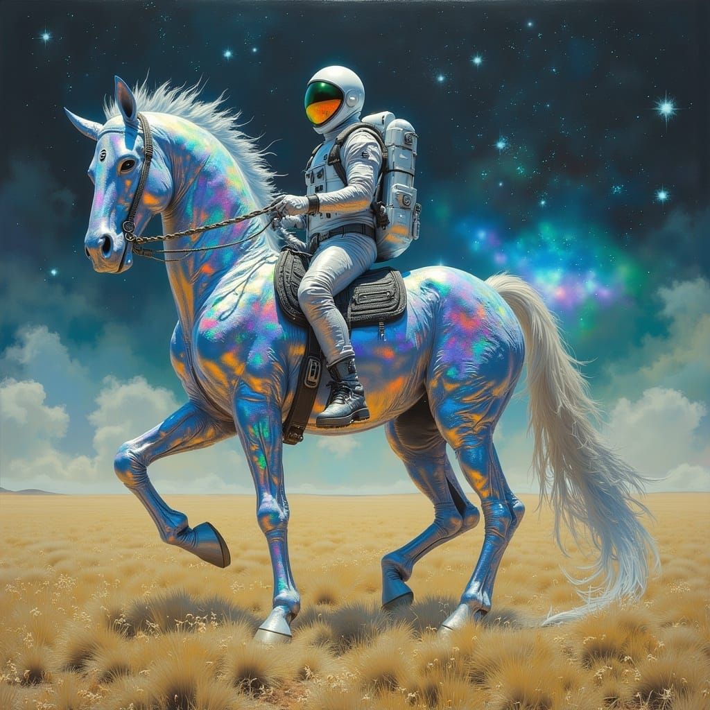 <lora:MJ6 SciFi Aliens:1.0> a painting of an astronaut riding on the back of an alien space horse across a field, by hyperspacecore, Nico D...