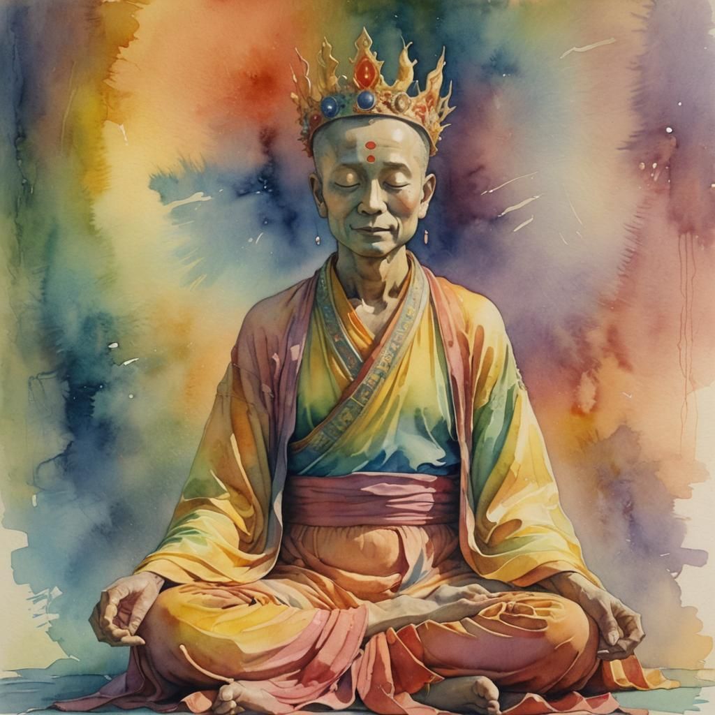 Create a visualization of Buddha with a serene and peaceful figure with your face and features, seated in a meditative pose with a gentle sm...