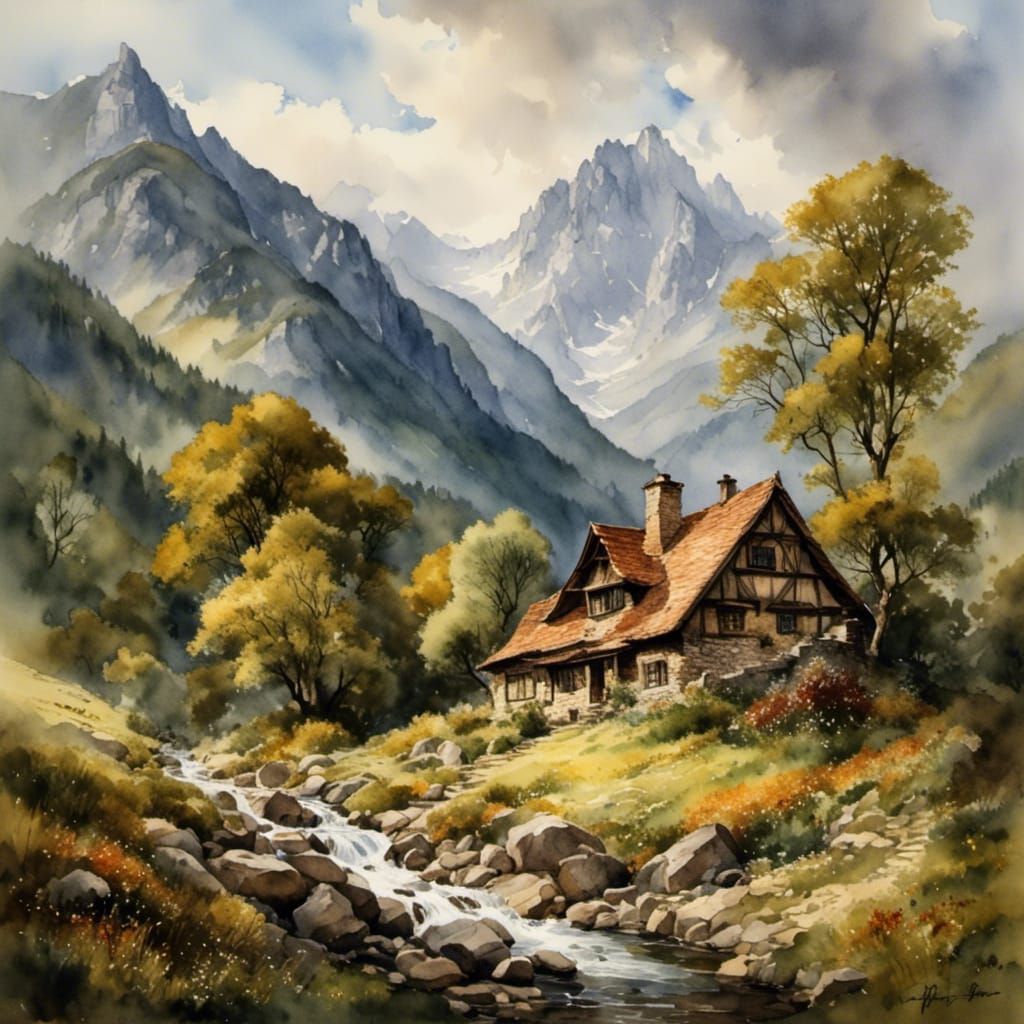 Cottage in Mountain Valley Landscape