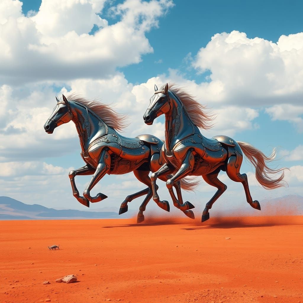 Two majestic horses galloping across a vast desert landscape...