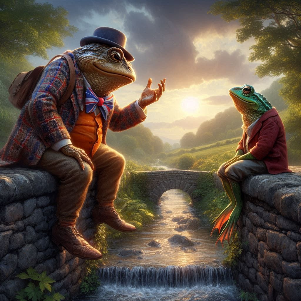 Toad of toad hall swapping tall tales with Jeremy Fisher.