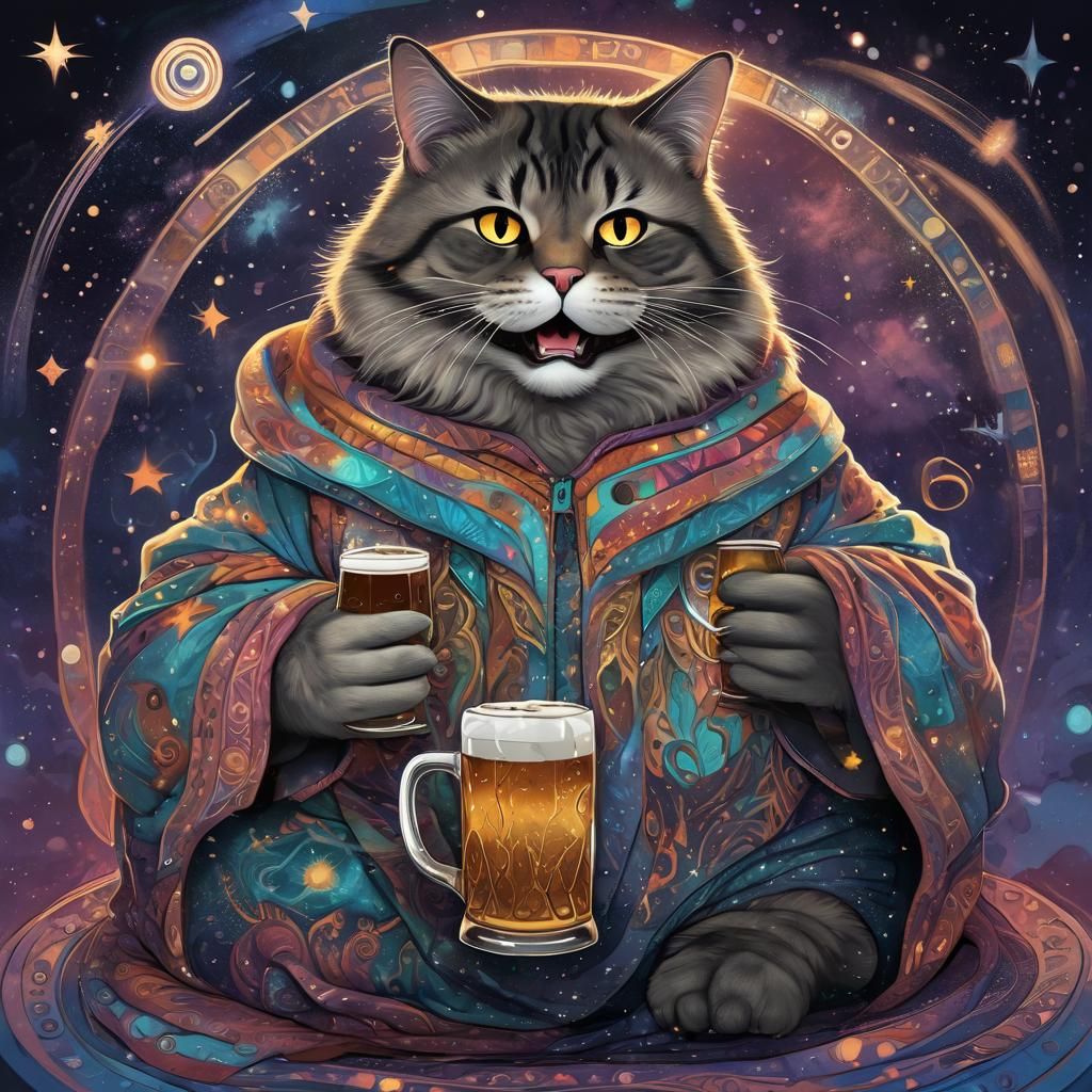 Cosmic Cat with Beer in Astral Illustration