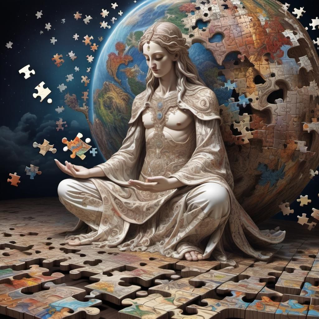 A divine being creating the world, as a giant 3D puzzle.  by @Tamminga Designs