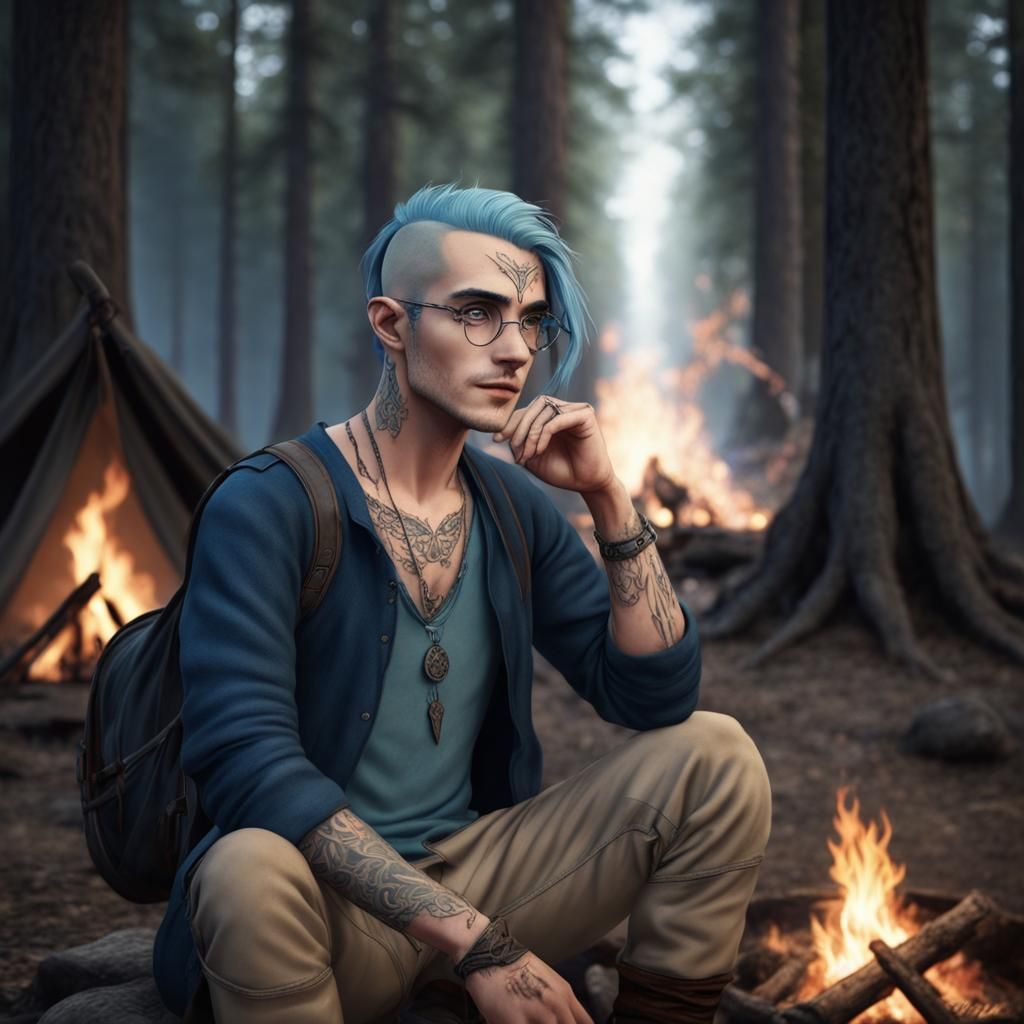 Elvish Male, Travelers clothes, neck tattoos, circle glasses...