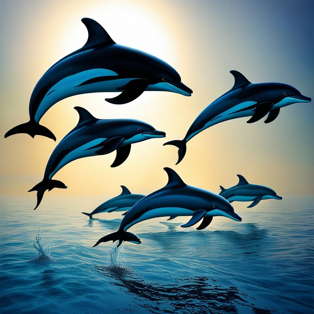 A pod of dolphins authentic swimming in the deep dark clear ...