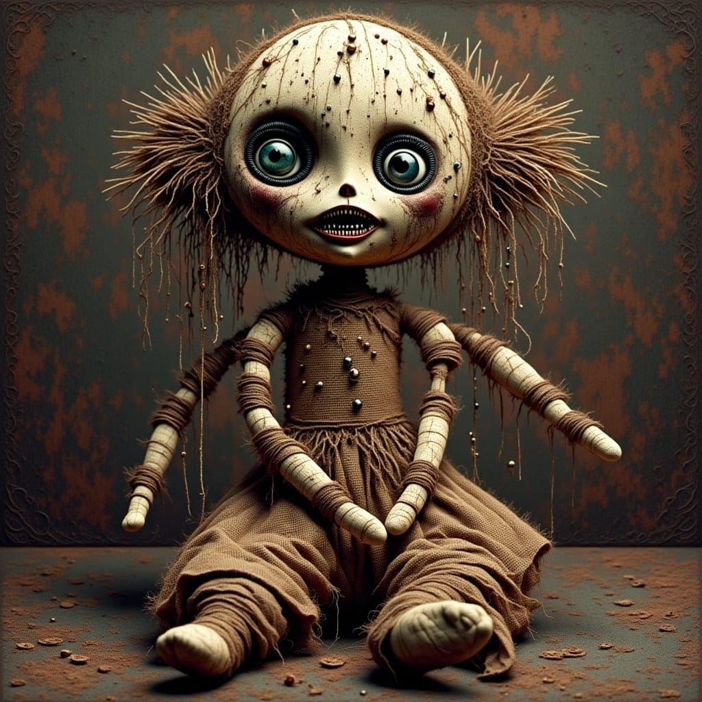 <lora:Creepy Dolls:1.0> a scary macabre (canvas:1.9) (burlap:1.9) voodoo doll with pins sticking out of it