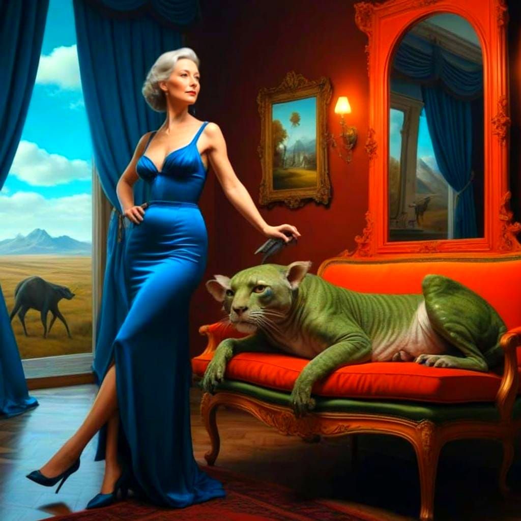 Surrealistic Lady and Creature in Vibrant Landscape