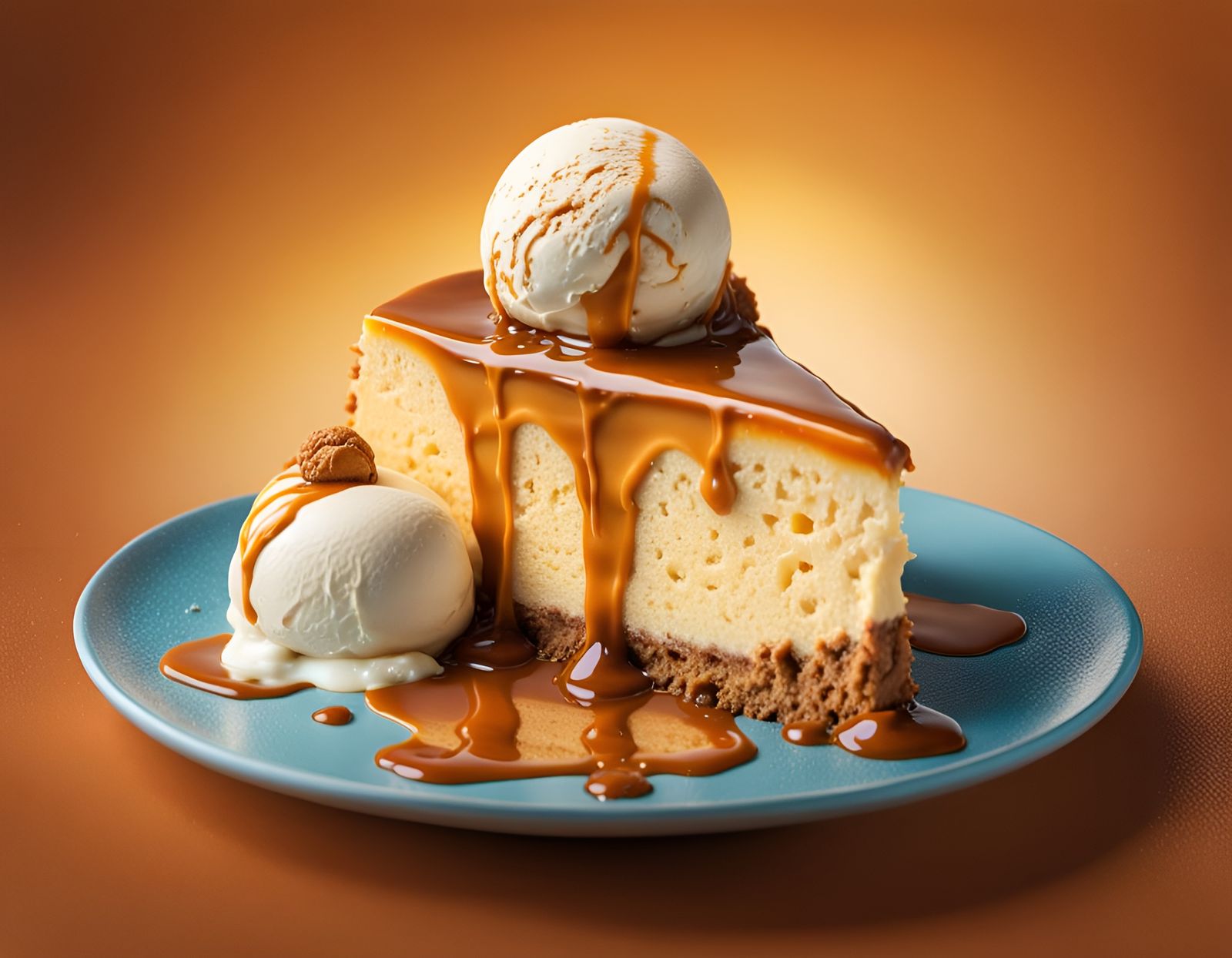 Caramel Cheese Cake with a side of Ice cream   by @Blue Lynx