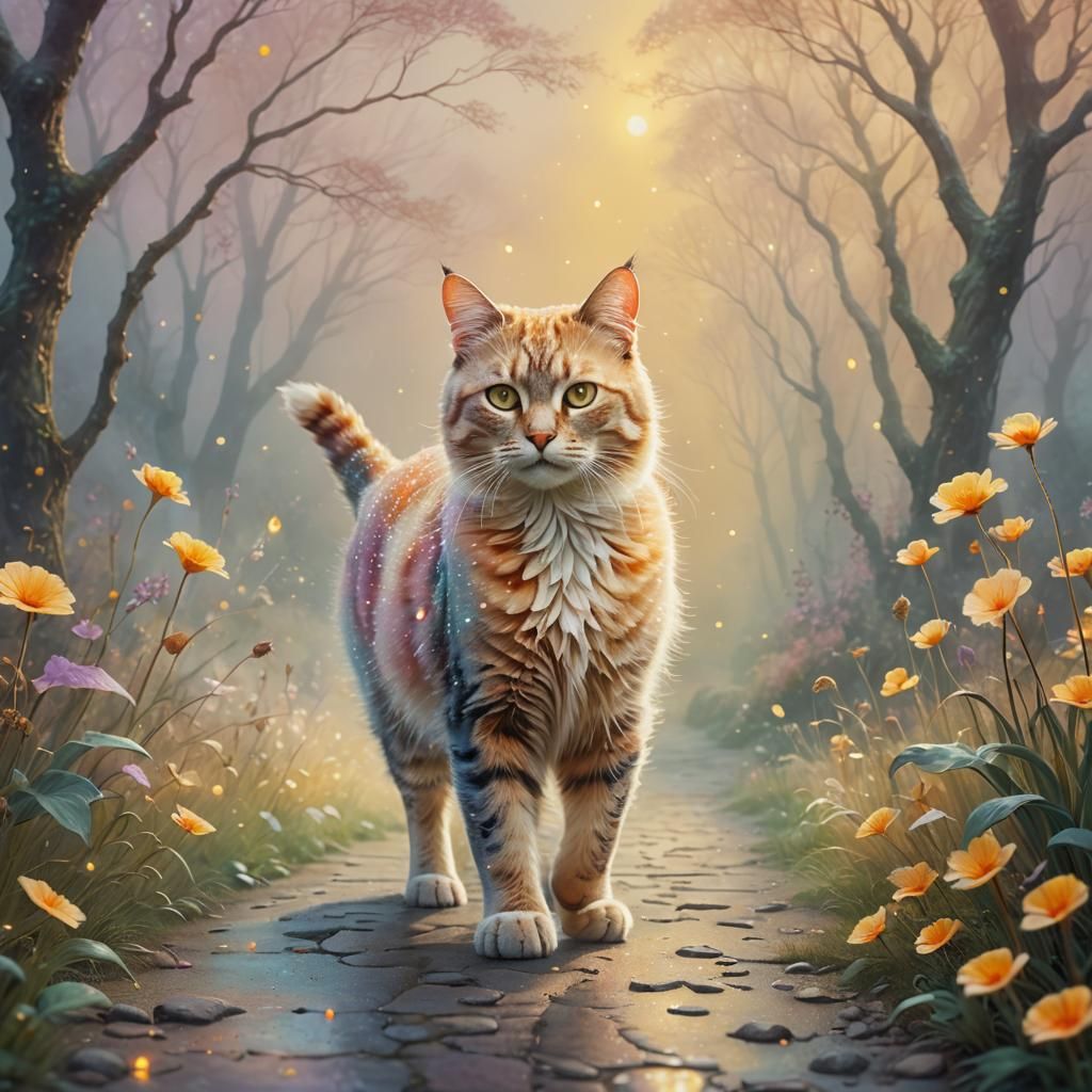 Mystical Cat in Dreamy Pastel Pointillism