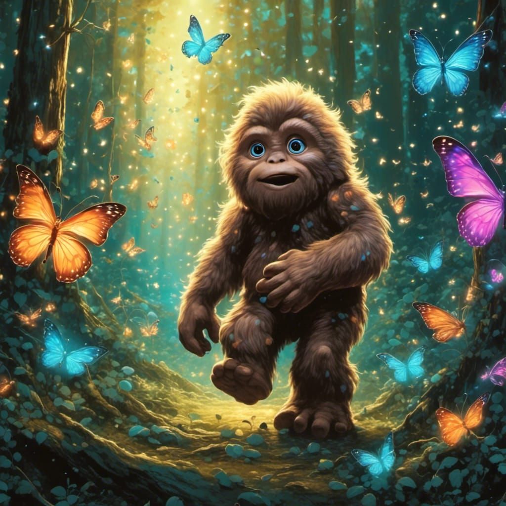 Baby big foot chasing luminescent butterflies in an enchante...