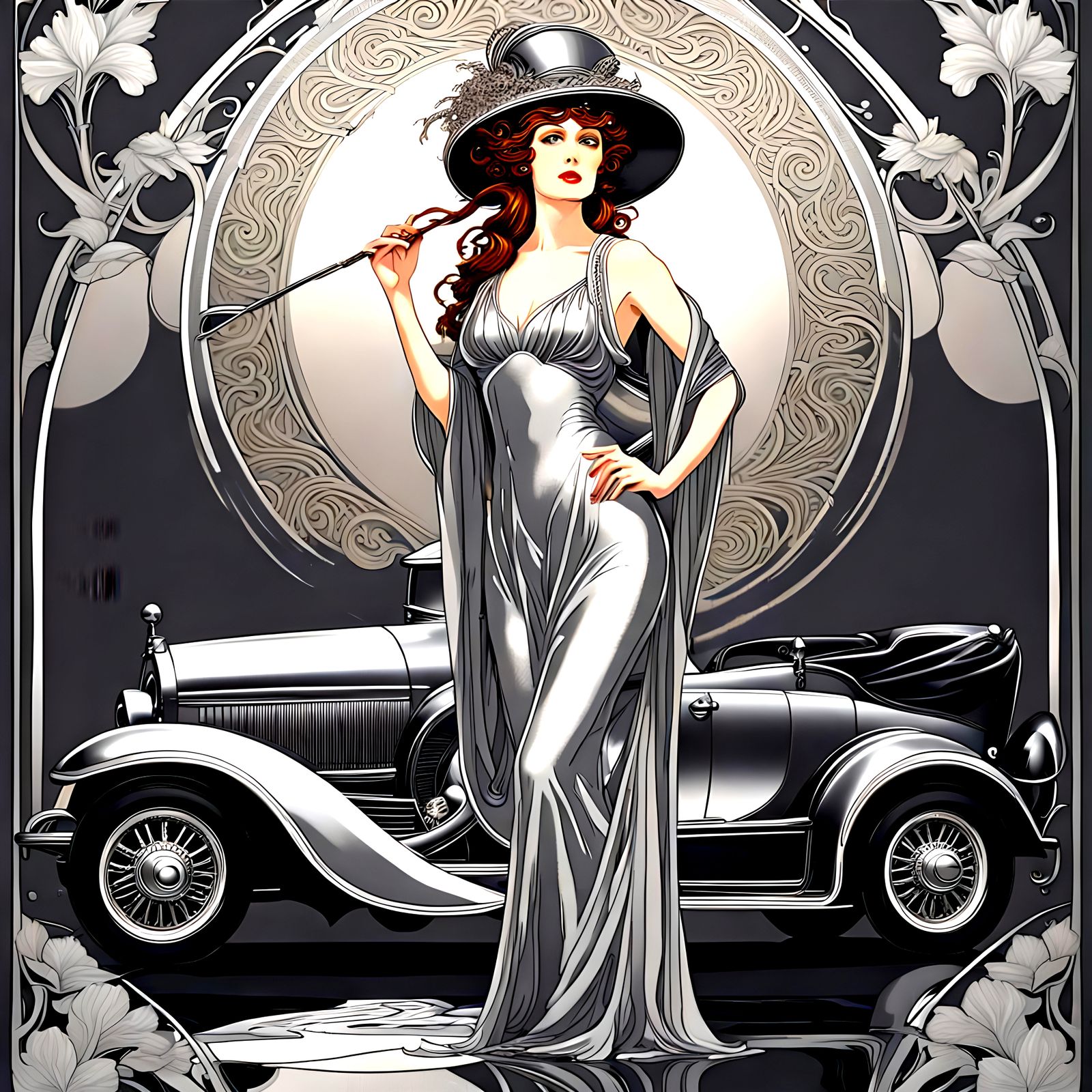 Woman wearing a slinky silver art nouveau dress standing in ...