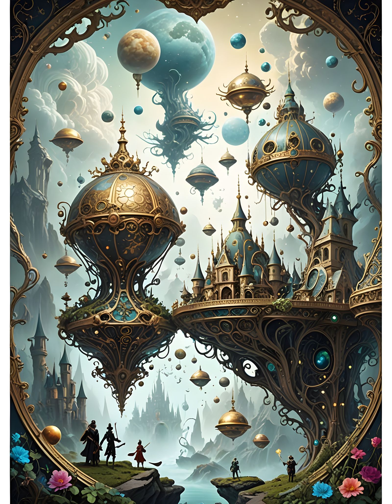 Surreal Cosmic Masterpiece with Intricate Art Nouveau Flouri...
