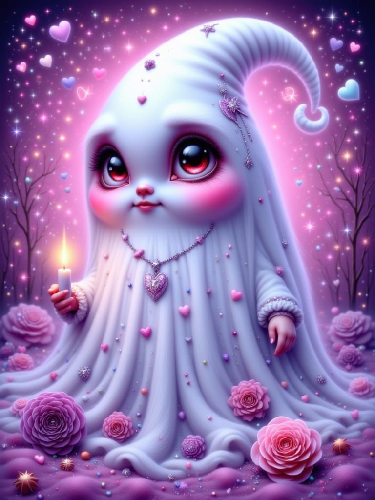 a beautiful, cute ghost with big eyes holding a candle, long hair, and a heart-shaped necklace the scene is set against a glittery, hyperdet...
