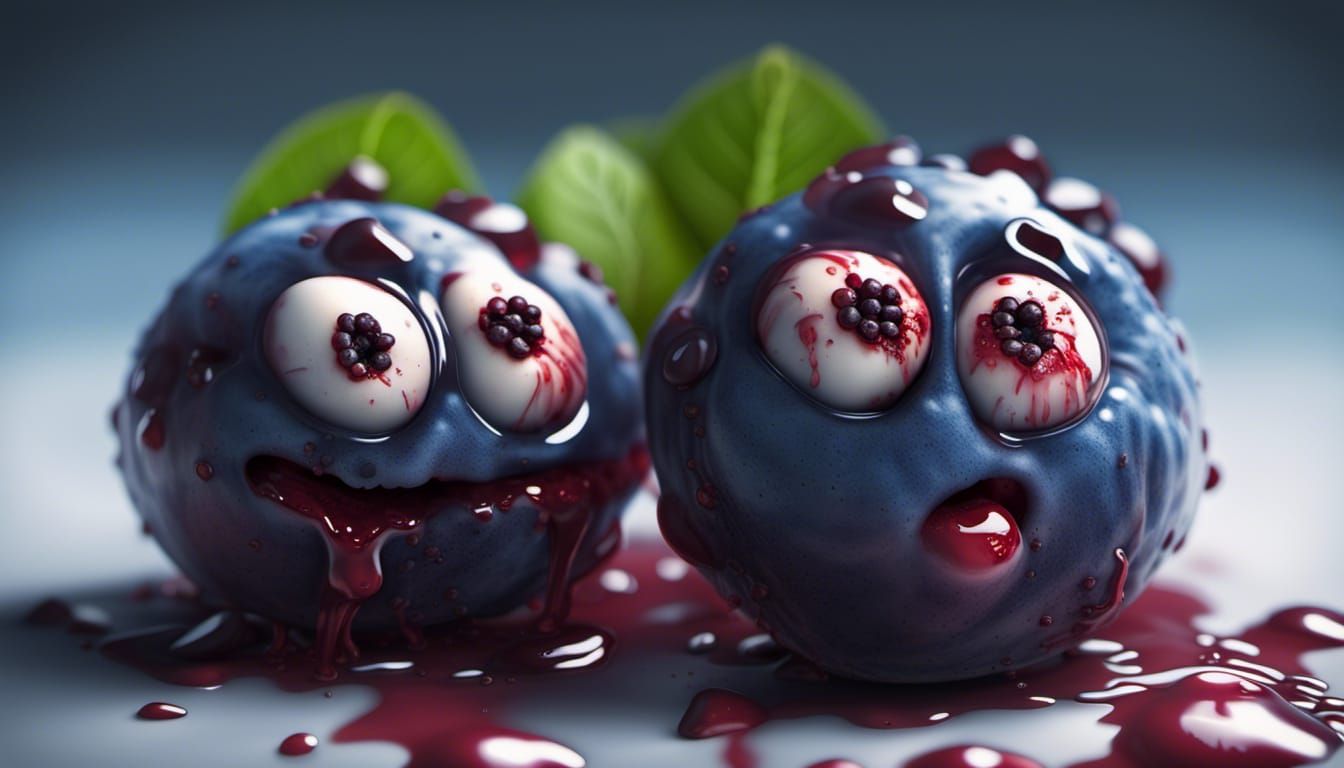 cannibalistic blueberries with creepy faces, eating each-oth...
