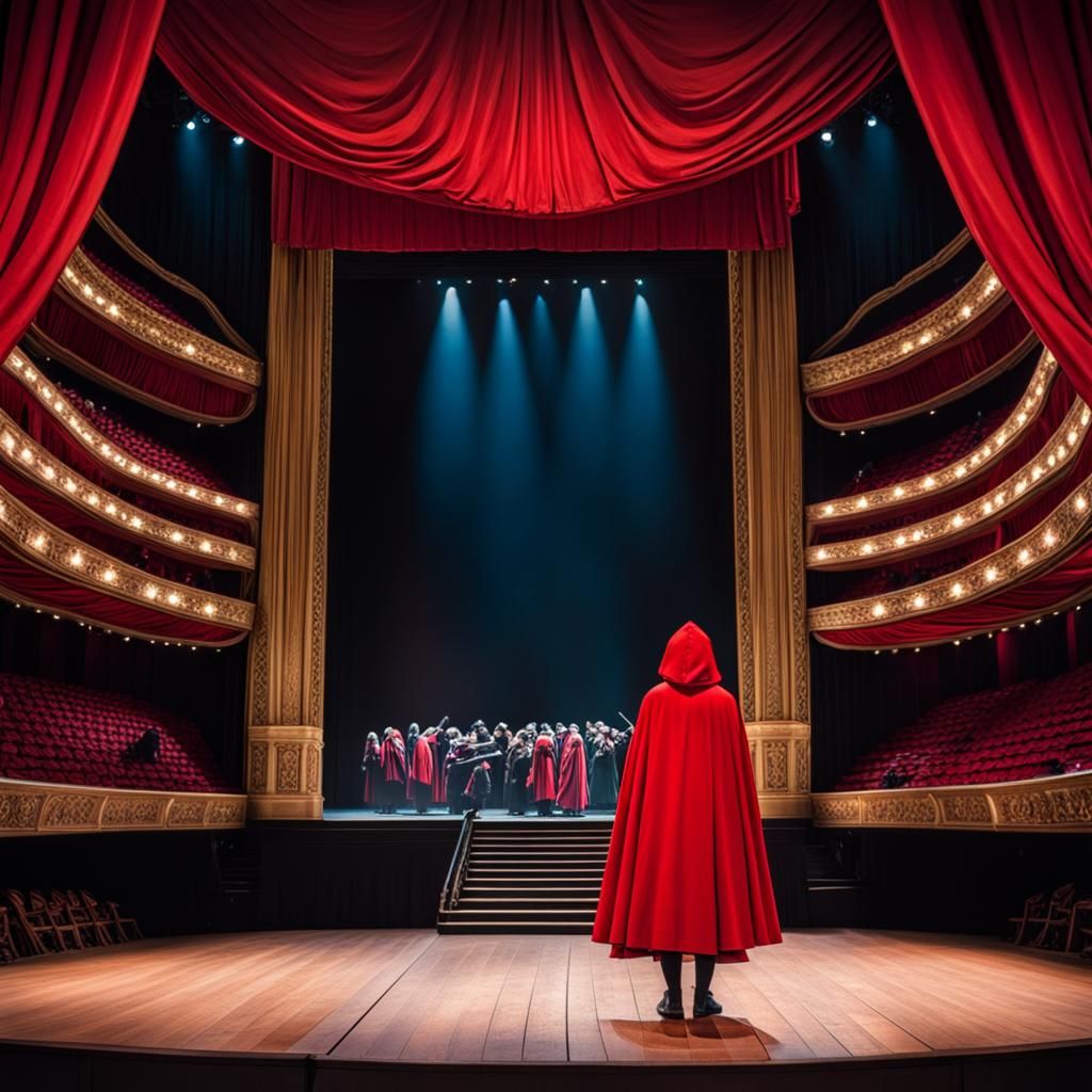 Rear view looking toward the stage of A small girl in a red ...