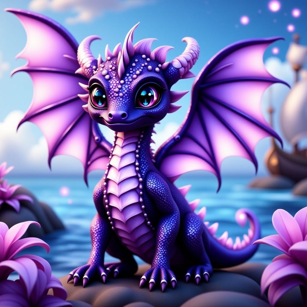 <lora:Flux Sparkly Dragon:1.0> Bejeweled amethyst dragon, big expressive eyes, intricate gemstone iridescent sparkling scales, symmetrical w...