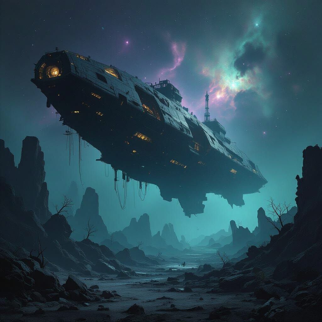 A derelict spaceship graveyard floating in the void, illuminated by the faint glow of distant nebulae. Skeletal remains of colossal star-far...
